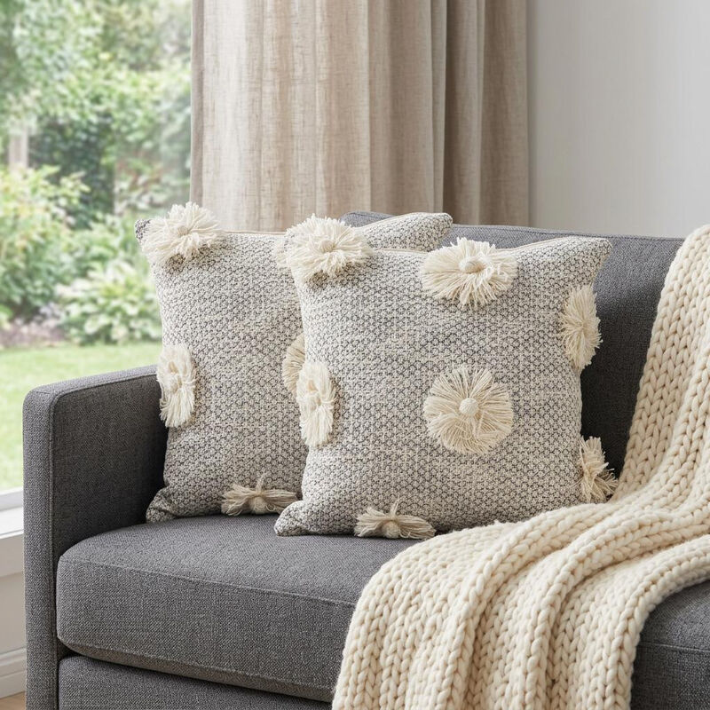 HomeRoots Set of Two Gray and Ivory Floral Cotton Throw Pillows With Fringe image number 1