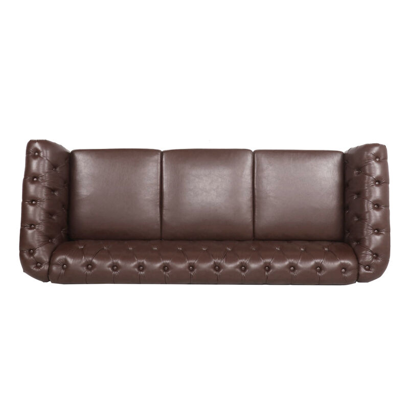 Dark Brown PU Rolled Arm Chesterfield Three Seater Sofa image number 8