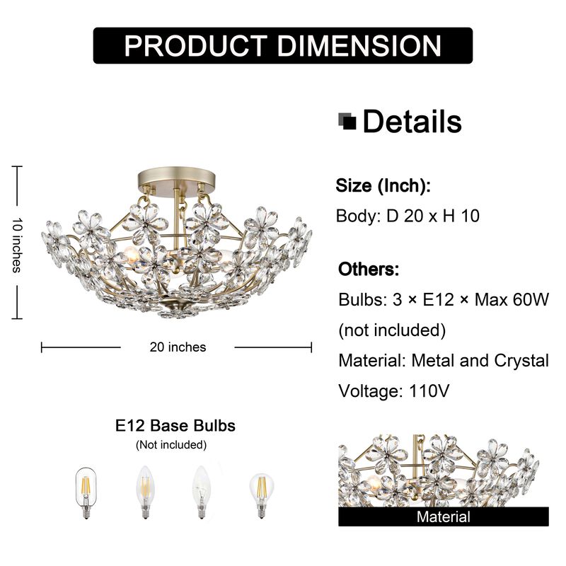 Maya Glam Brushed Silver-ish Champagne 3-Light 20" Daisy Crystal Glass Flower Blossom Flush Mount image number 7