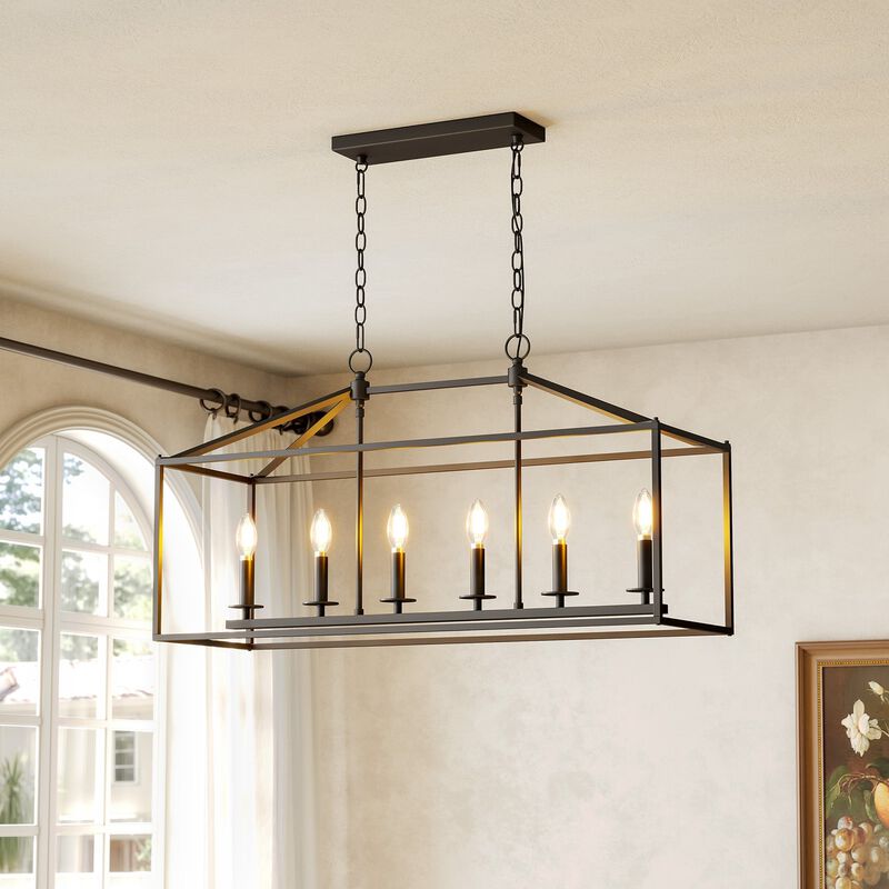 Six-Light Farmhouse Kitchen Island Chandelier, Black Candle Cage image number 1