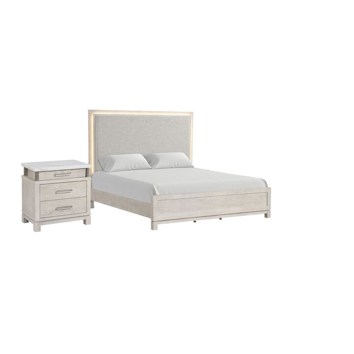 Queen Bedroom Set in Weathered Gray Wood with White & Silver Accents &ndash; 2 Piece Set with Nightstand