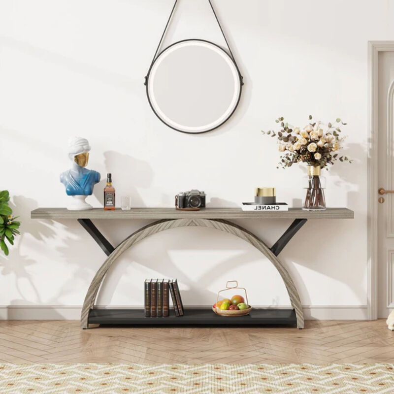 2-Tier Entryway Console Table, 70.9 Inch with Half Moon Base