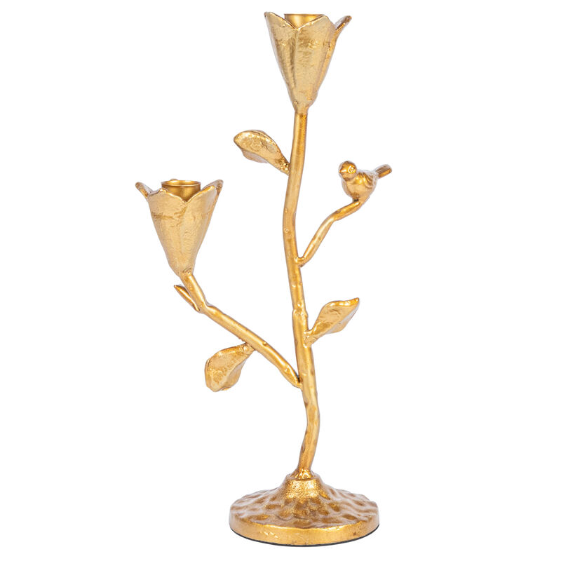 Tall Hand-Forged Cast Iron Candelabra with Flowers and Bird, Gold image number 2