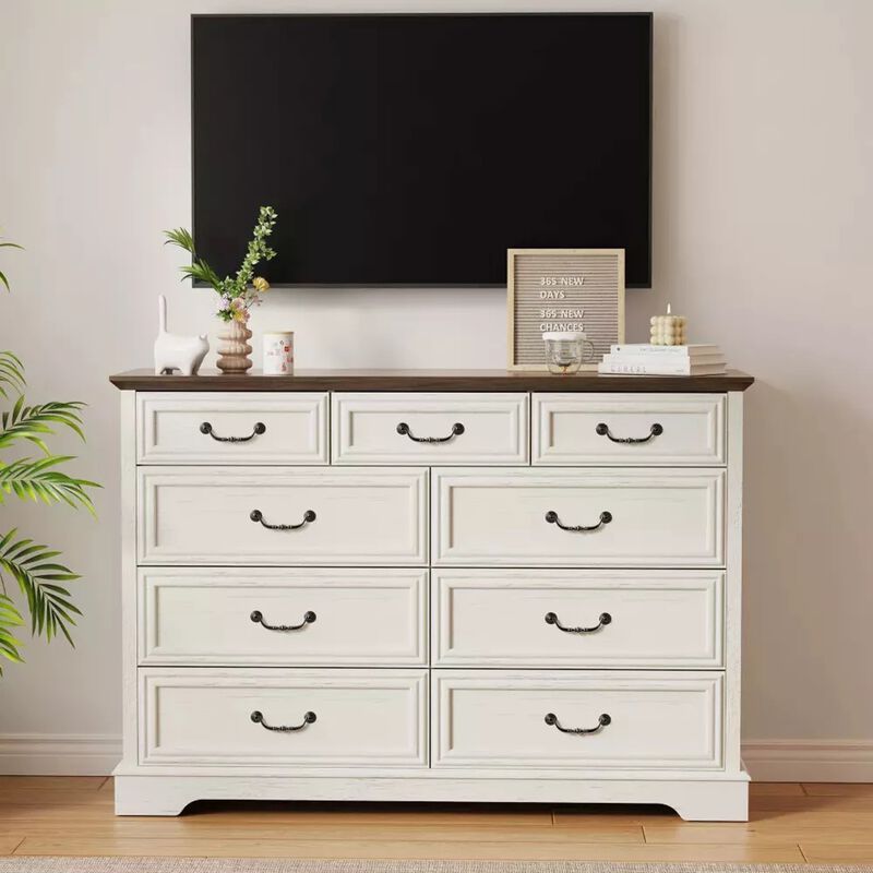 Farmhouse 9 Large Drawers Dresser, 52 Inch Wide Modern Bedroom Dresser TV Stand with and Bar Handles image number 2