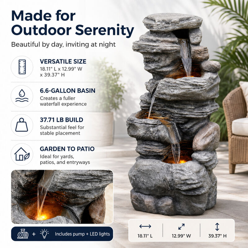 Outdoor Faux Stone 4-Tier Water Fountain with LED, Gray image number 3