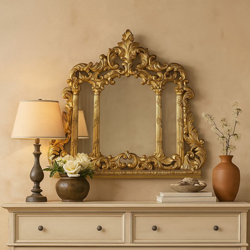 Otis Wall Mount Dresser Mirror, Classical Floral Carved, 54x60 Gold