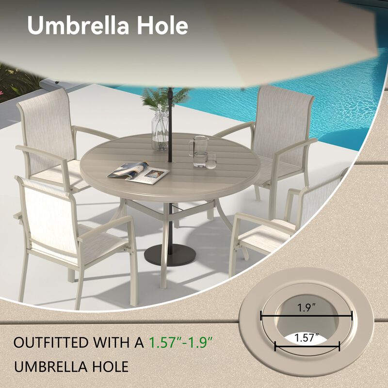 52.95" Outdoor Round Patio Dining Table for 6-7 People, All Weather Metal Dining Table with Umbrella Hole image number 4