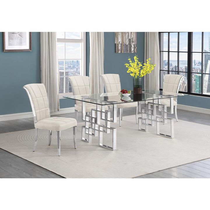 5-piece glam dining set with 4 cream chairs and a 79" long glass  table