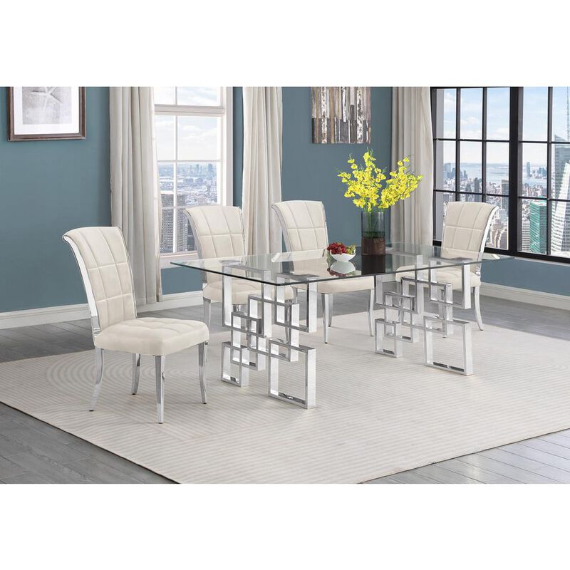 5-piece glam dining set with 4 cream chairs and a 79" long glass  table