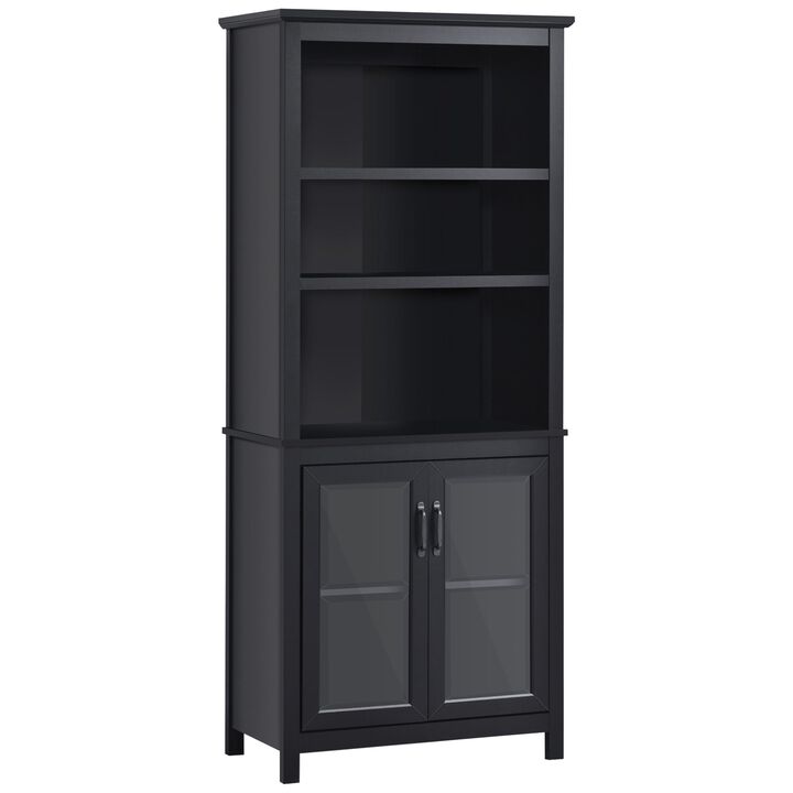 71" Bookcase Storage Hutch Cabinet with Adjustable Shelves and Glass Doors for Home Office, Kitchen, Living Room, Black