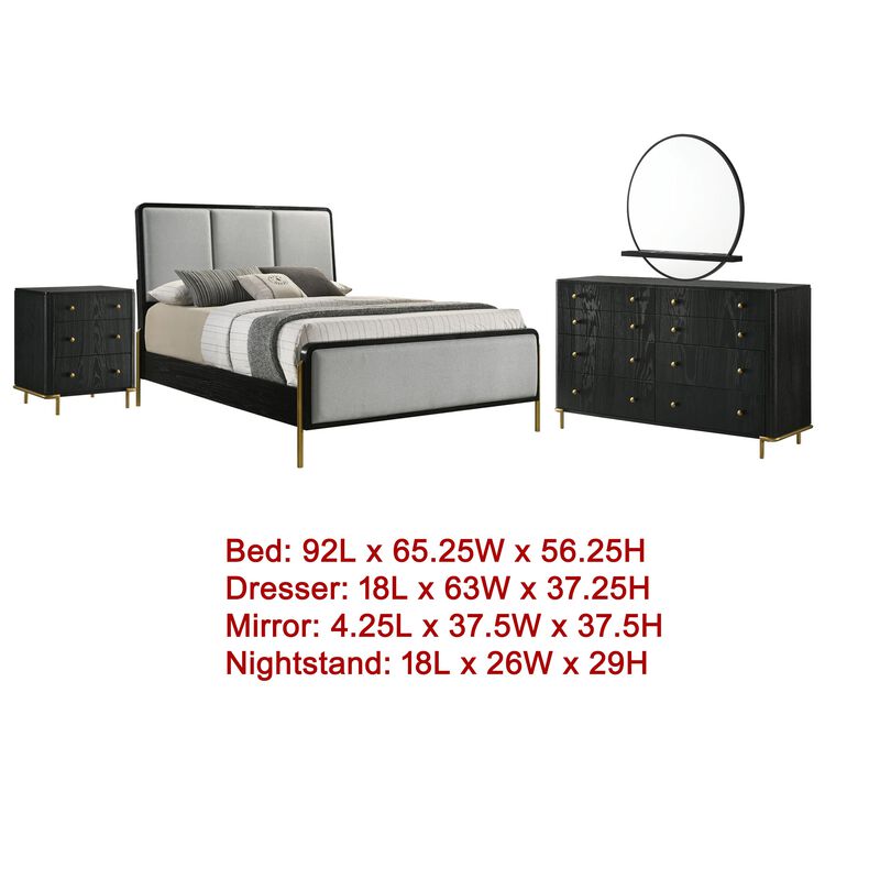 Fij 4pc Queen Bedroom Set, Dresser, Padded Gray Upholstery, Black
