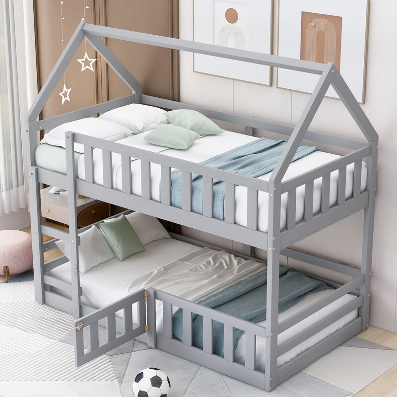Whisen Wood Twin over Twin House-Shaped Bunk Bed with Fence with Door and Ladder - White