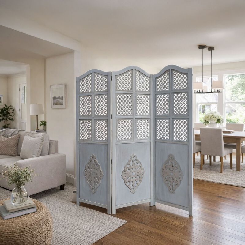 Three Panel Wooden Room Divider with Traditional Carvings and Cutouts, Blue image number 5