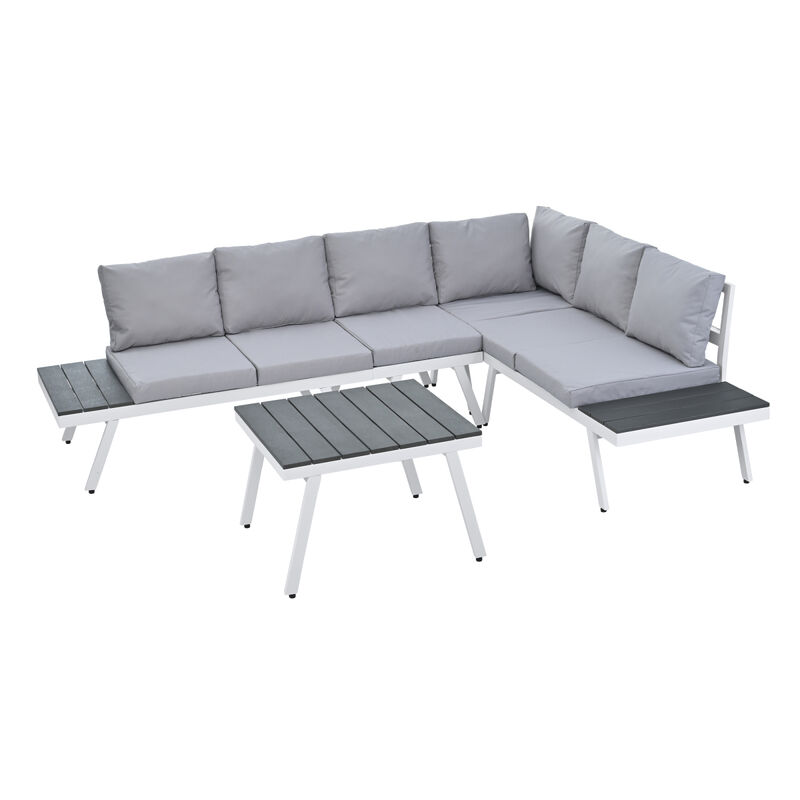 Industrial 5-Piece Aluminum Outdoor Patio Furniture Set, Modern Garden Sectional Sofa Set with End Tables, Coffee Table and Furniture Clips for Backyard, White+Grey
