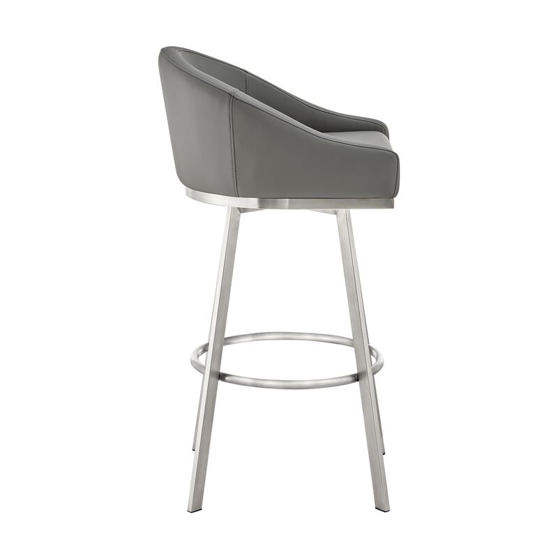Dalza 30 Inch Swivel Barstool Chair, Cushioned Open Back, Gray Faux Leather - Benzara