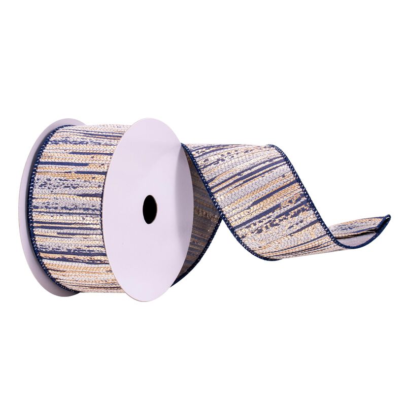 Vickerman 2.5" x 10 yd Navy, Cream, and Champagne Stripes Ribbon, Seasonal Christmas Ribbon for Gift Wrapping, Tree Decor image number 0