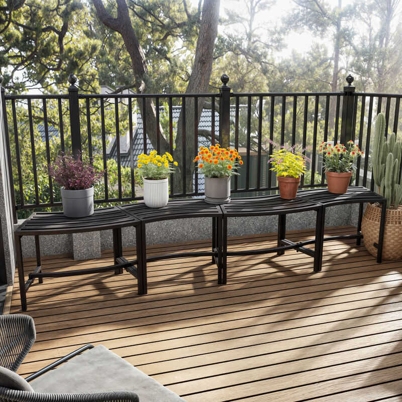 FUFU&GAGA Set of 4 Outdoor Fire Pit Benches &ndash; Black Iron Frame Patio Conversation Chairs, Weather-Resistant Slatted Seats, Stationary Seating for Garden & Backyard, (15.7 in. H x 23.9 in. W x 13.5 in. D), Black