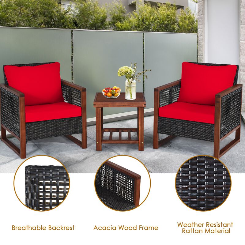 3 Pieces Patio Wicker Furniture Set with Washable Cushion and Acacia Wood Coffee Table image number 5