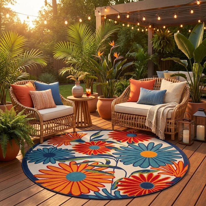 Round Floral Indoor Outdoor Area Rug