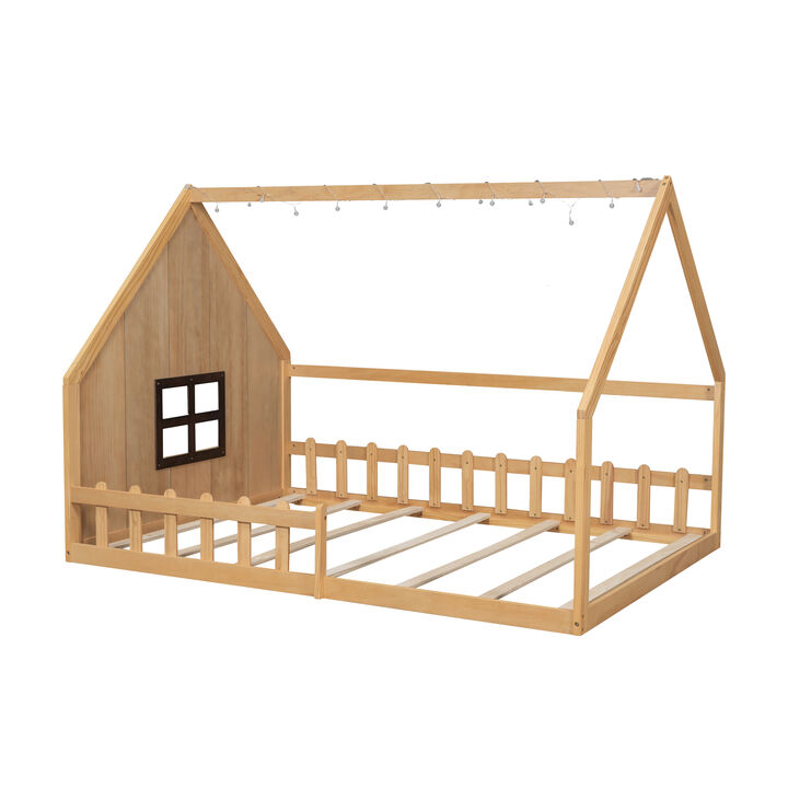 Whisen Wooden House Bed with Window and Fence