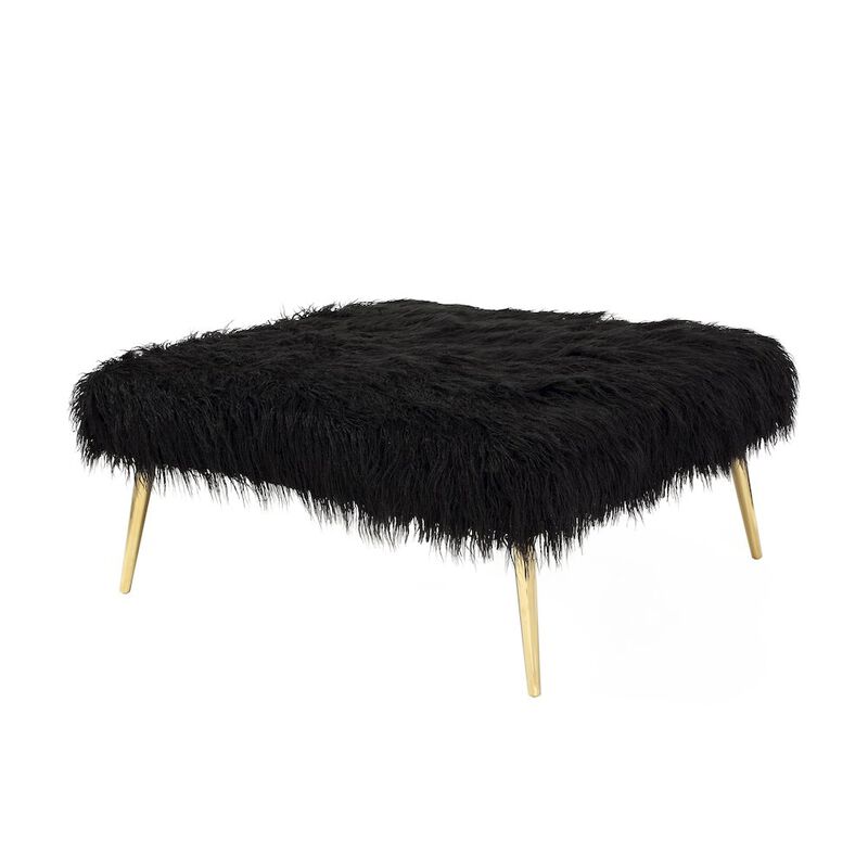 Pangea Home Lammy 36 Square Ottoman Gold/Black Faux Fur