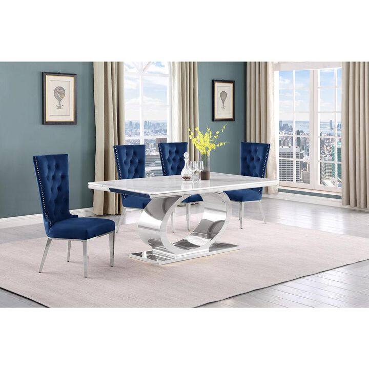 5pc Small(68") marble top dining set with silver base and 4 Navy blue chairs