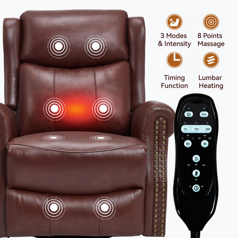 Genuine leather Heat Massage Manual Recliner Chair with Rocker and Swivel for Living Room image number 3