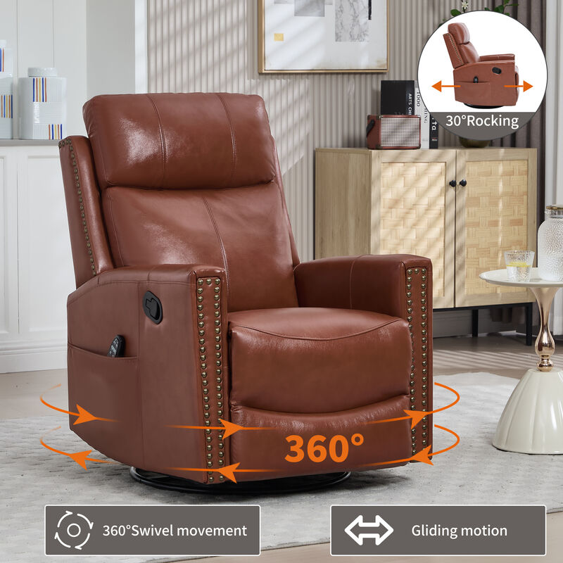 Gnuine Leather Heat Massage Manual Recliner Chair with Rocker and Swivel image number 4