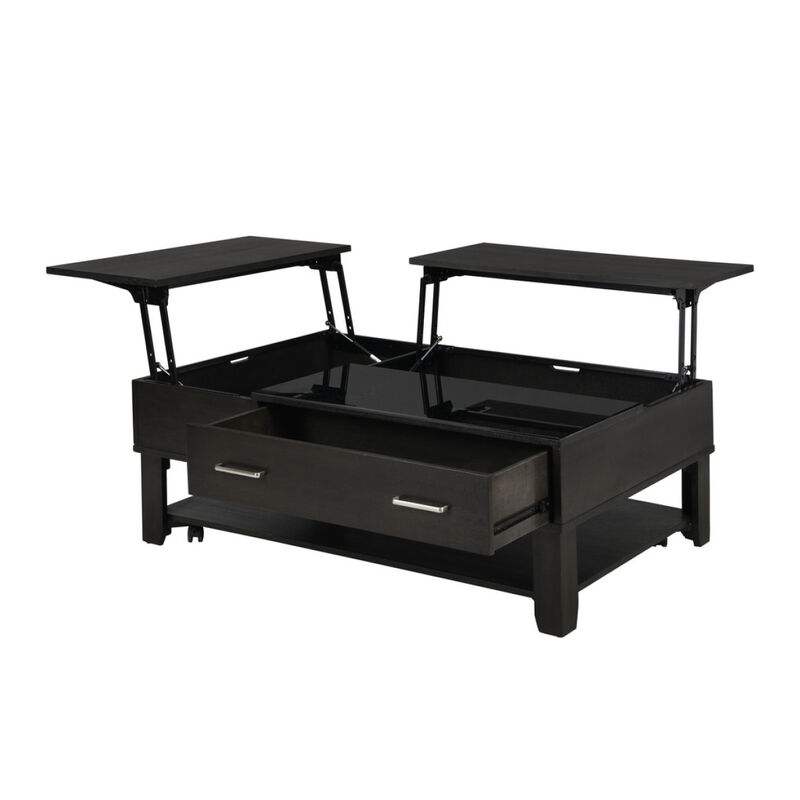 Bruno 2 Piece Ash Gray Wooden Lift Top Coffee and End Table Set with Tempered Glass Top and Drawer