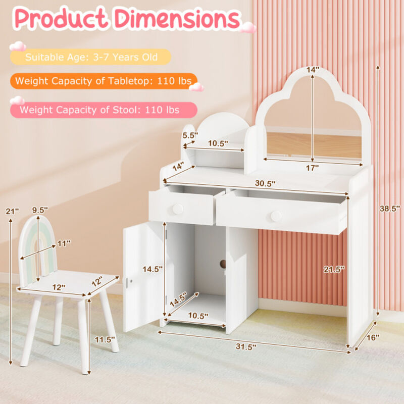 Kids Vanity Table and Chair Set with Cloud-shaped Mirror and Open Shelf