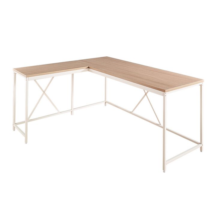 Posy Corner Desk, L Shaped White Metal Frame, X Crossed, Oak Brown Wood Top - Benzara