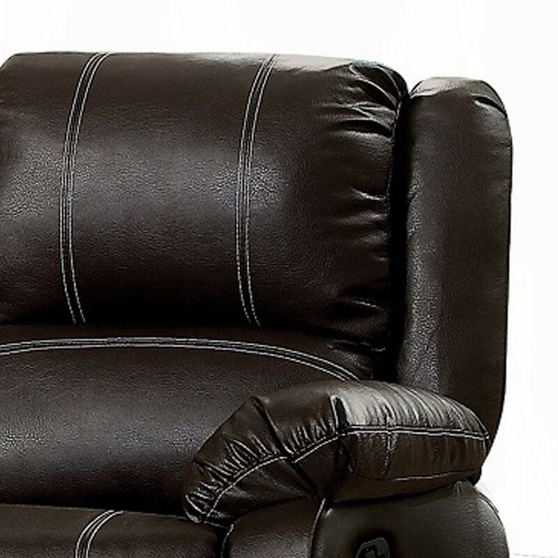 Zuru Motion Manual Recliner Loveseat, Pillow Top, Brown Faux Leather - Benzara