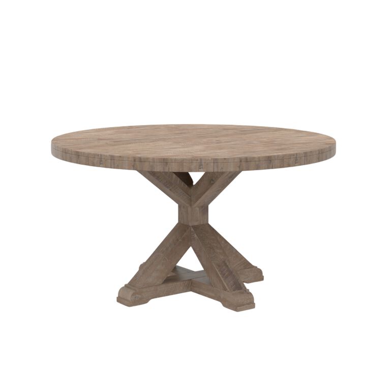 Bela Dining Table, 54 Inch Round Top w Solid X Base, Weathered Brown - Benzara