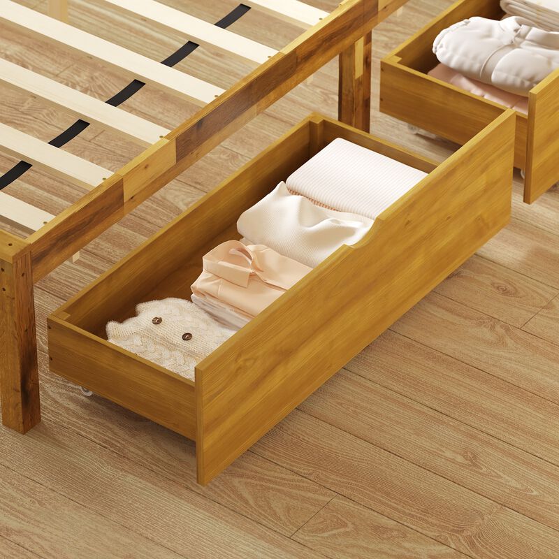 FUFU&GAGA Solid Wood Upholstered Bed with Storage Drawers, Acacia Wood Frame & Gray Linen Headboard, One-Side Drawer Design, (84 in. W x 63.5 in. D x 41.7 in. H), Wood Tone & Natural Finish