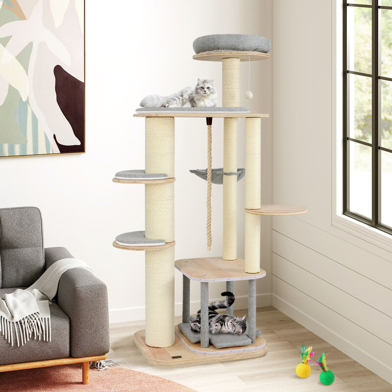 Tall Cat Tree Modern Wooden Cat Tower with Perch Condo Hammock
