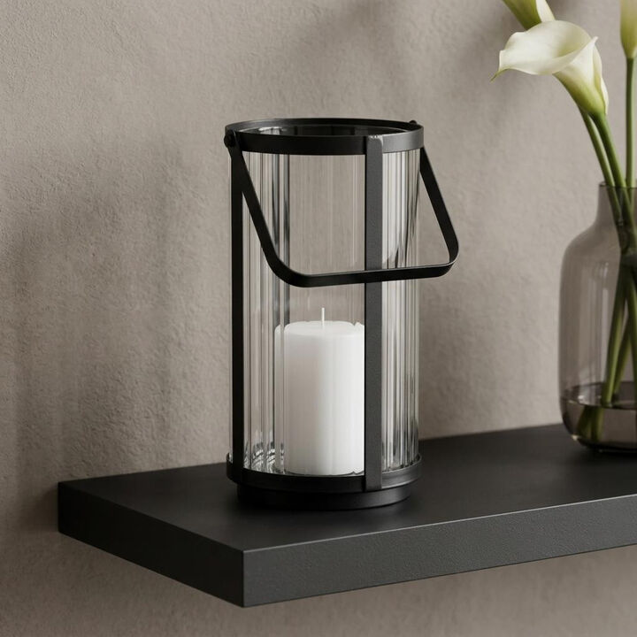 HomeRoots 9" Clear And Black Glass And Metal Tabletop Lantern Candle Holder