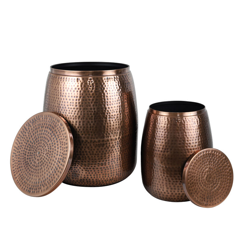 Merida Modern Rustic Hammered Metal Drum Storage Side Table with Lid