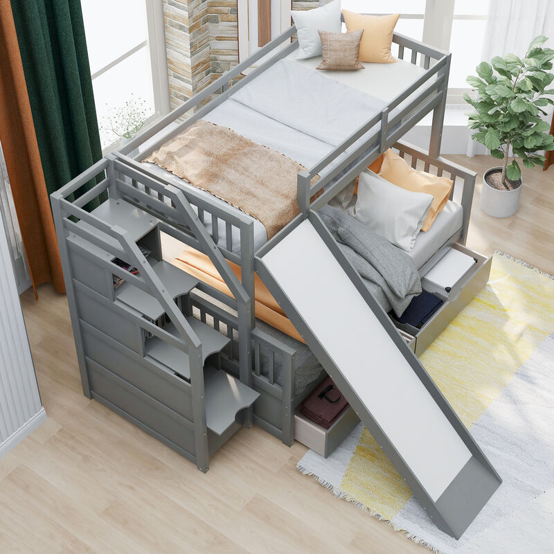 Whisen Twin over Full Bunk Bed with Drawers, Slide & Storage, Solid Pine for Kids Bedroom image number 5