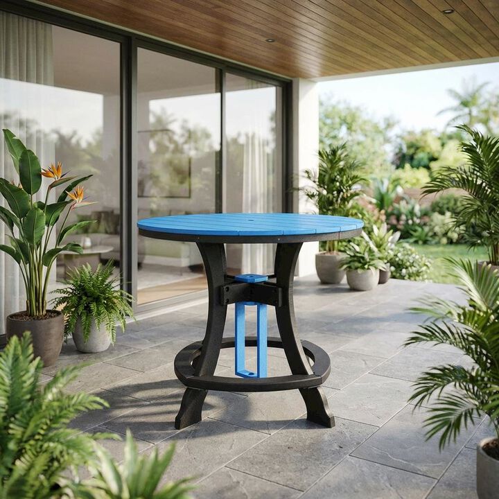 Outdoor Escape Blue Round Outdoor Dining Table With Black Base, 44-Inch Diameter