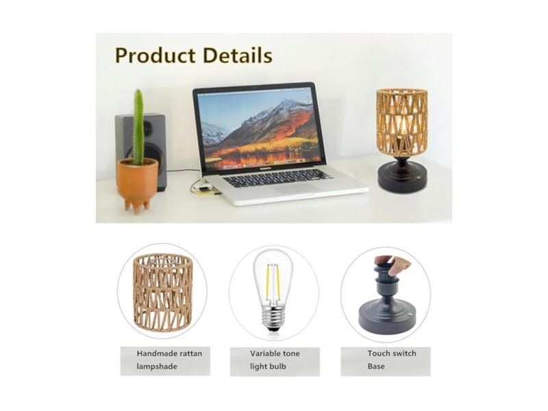 Rechargeable Cordless Dimmable Farmhouse Rattan Desk Lamp For Living Room image number 3