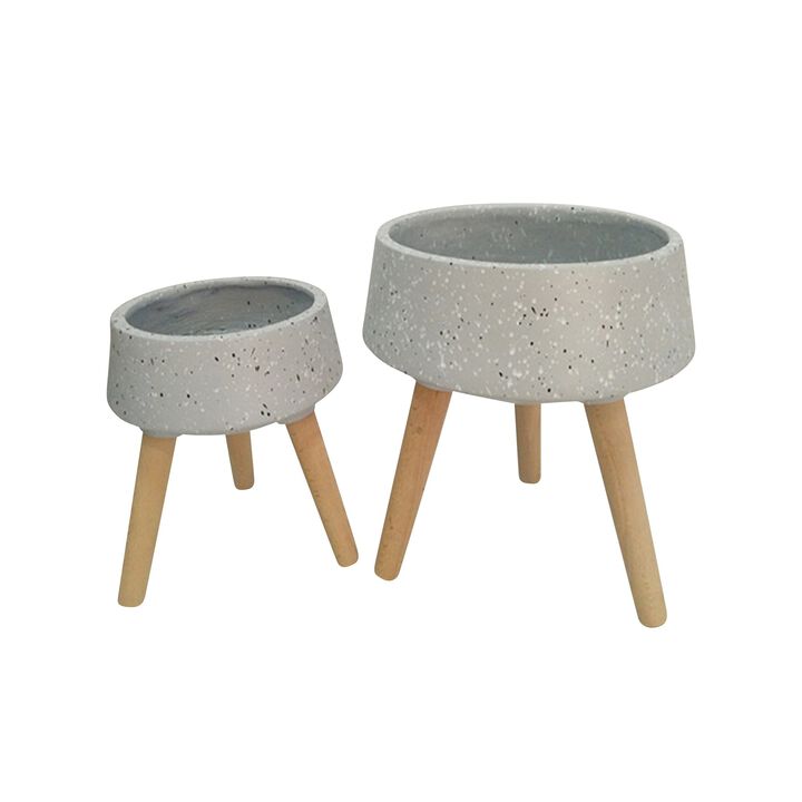 Ceramic Body Planter with Wooden Angled Legs, Set of Two, Gray and Brown-Benzara