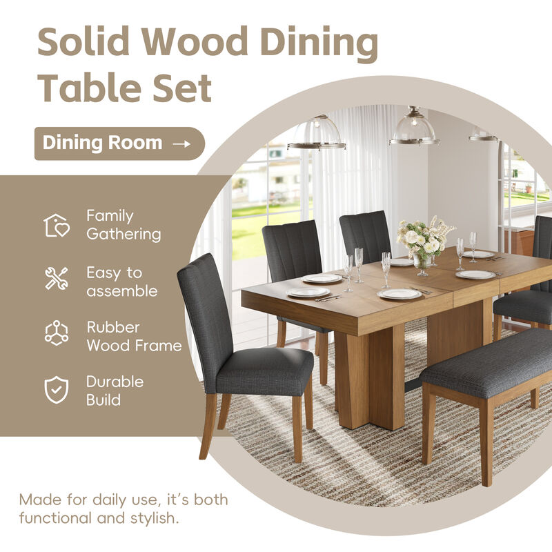 Merax Solid Wood Extendable Dining Table Set with 4 Cushioned Chairs & Bench image number 4