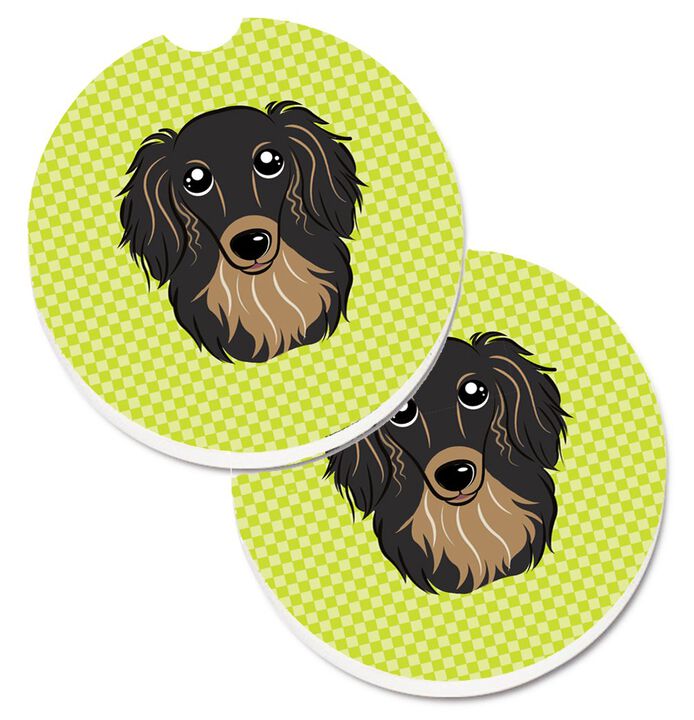 Caroline's Treasures Checkerboard Lime green Longhair black & Tan Dachshund Set of 2 Cup Holder Car Coasters BB1275CARC, 2.56, Multicolor