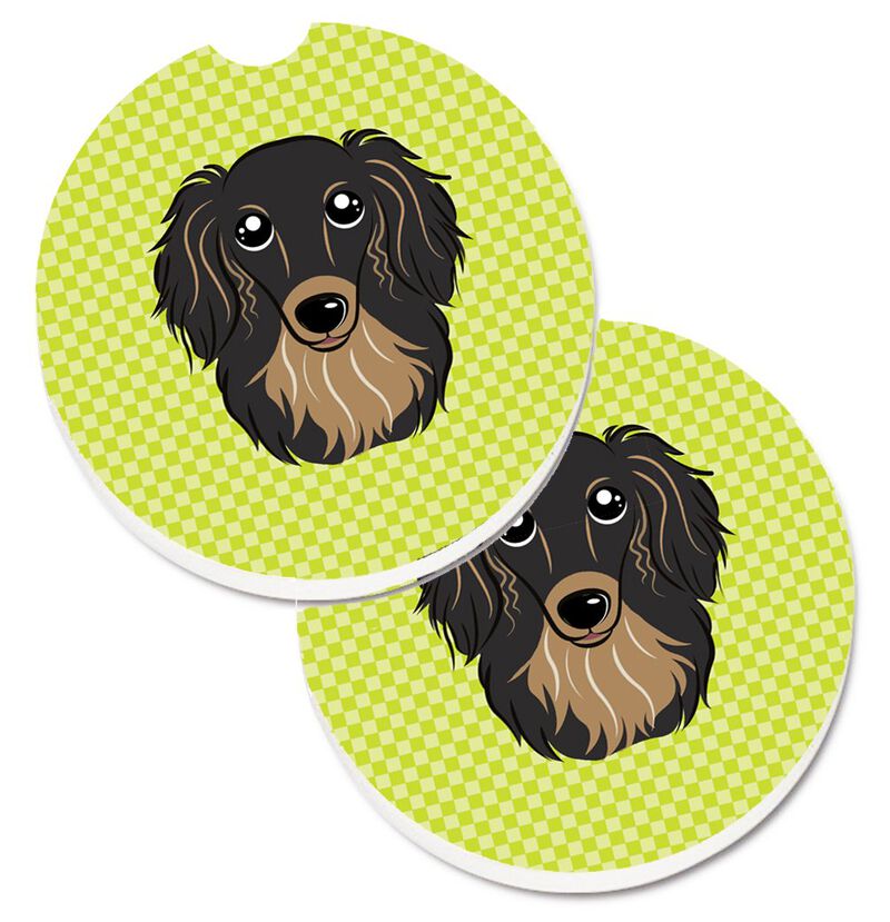 Caroline's Treasures Checkerboard Lime green Longhair black & Tan Dachshund Set of 2 Cup Holder Car Coasters BB1275CARC, 2.56, Multicolor