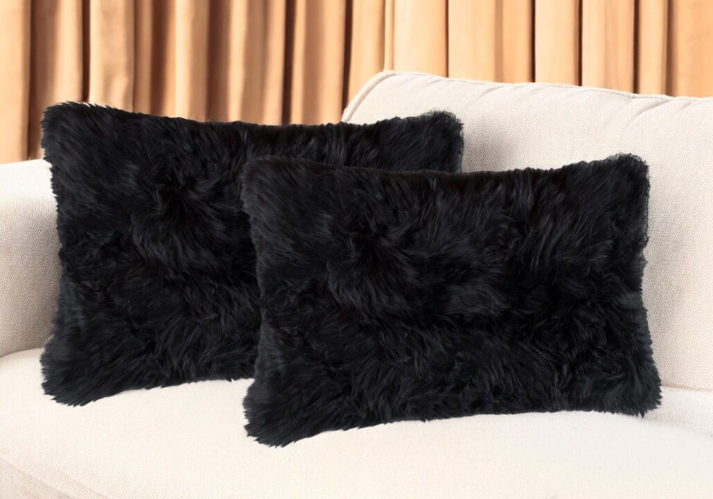HomeRoots Set of Two 12" X 20" Black Sheepskin Lumbar Throw Pillows