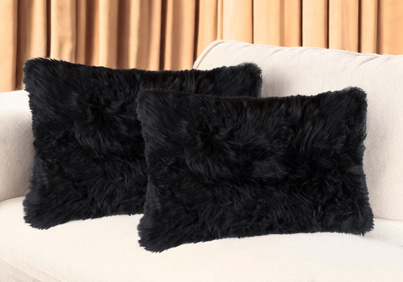 HomeRoots Set of Two 12" X 20" Black Sheepskin Lumbar Throw Pillows image number 1
