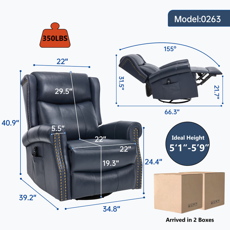 Genuine leather Heat Massage Manual Recliner Chair with Rocker and Swivel for Living Room image number 2