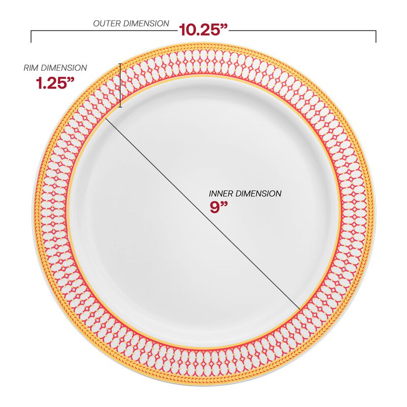 10.25" White with Red and Gold Chord Rim Plastic Dinner Plates (120 Plates) image number 2