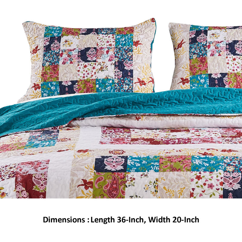 Zay 36 Inch King Pillow Sham, Patchwork Floral Print, Teal Blue Microfiber - Benzara image number 6