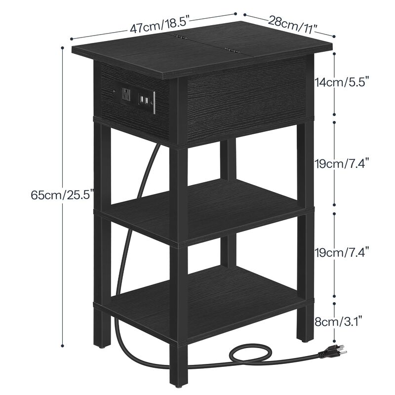 HOOBRO End Table with Charging Station, Flip Top Side Table with USB Ports, Narrow Nightstand Bedside Tables with Storage Shelve
